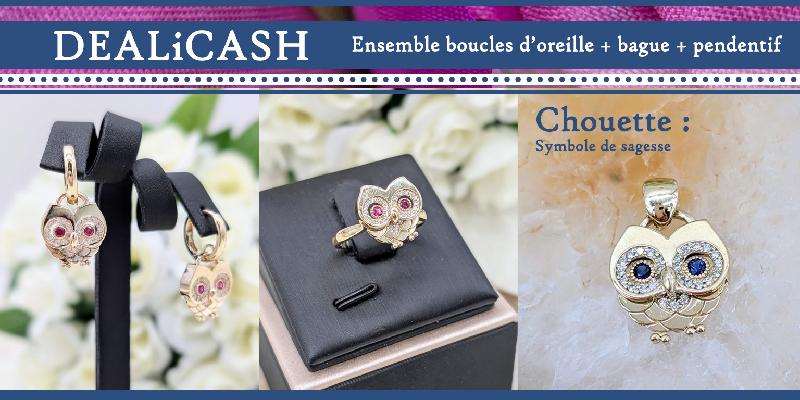 Bijoux chouette boucles d'oreille + bague + pendentif