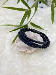 beacelet en cuir bleu marine, lapis lazuli et onyx mat 5mm l21cm