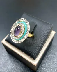 bague ovale doré avec deux pierres et strass t50