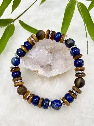 bracelet élastiqué en pierre lapis lazuli,oeil de tigre et acier d10mm