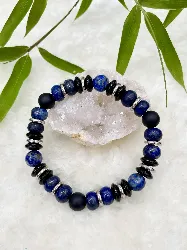 bracelet élastiqué en pierre lapis lazuli,onyx,onyx mat et acier d10mm