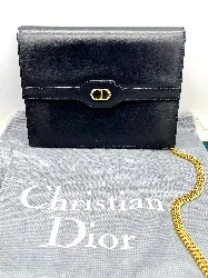 christian dior sac / pochette vintage en cuir bleu nuit avec cd logo et chaîne amovible en métal doré