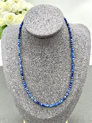 clpi collier billes en pierre lapis lazuli d3mm et métal argenté l40-46 cm