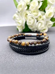 bracelet en cuir noir tressé et oeil de tigre avec acier argenté 5mm l21cm