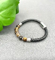 bracelet en cuir noir tressé et oeil de tigre avec acier argenté 8mm l21cm