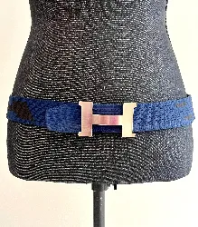 ceinture hermès boucle constance argenté 4,5 x 7,5cm et bande sprint réversible en maille nylon couleur bleu et noir 3,8 x 112cm