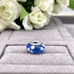 charm pandora murano bleu à motifs fleurs blanche argent 925 millième (22 ct) 3,37g